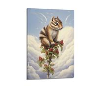 Animal Poster Chipmunk on Berry Branch Whimsical Forest Clouds Fantasy Scene Decorative Canvas Family Bedroom Artwork Picture Painting 24x36inch(60x90cm)
