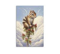 Animal Poster Chipmunk on Berry Branch Whimsical Forest Clouds Fantasy Scene Decorative Canvas Family Bedroom Artwork Picture Painting 16x24inch(40x60cm)