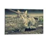 Animal Poster of Tabby Cat with Warm Tones And Leaf Details on Earthy Ground Decorative Canvas Family Bedroom Artwork Picture Painting 20x30inch(50x75cm)