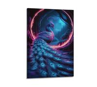 Animal Poster - Peacock with Neon Halo, Fantasy Wildlife, Mystical Plumage, Vibrant Colors Decorative Canvas Family Bedroom Artwork Picture Painting 08x12inch(20x30cm)