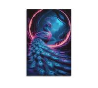 Animal Poster - Peacock with Neon Halo, Fantasy Wildlife, Mystical Plumage, Vibrant Colors Decorative Canvas Family Bedroom Artwork Picture Painting 12x18inch(30x45cm)
