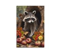 Animal Poster Raccoon Autumn Harvest Tree Hollow Apples Berries Warm Woods Decorative Canvas Family Bedroom Artwork Picture Painting 16x24inch(40x60cm)