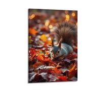 Animal Poster Red Squirrel in Autumn Maple Leaves with Golden Light Ambience Decorative Canvas Family Bedroom Artwork Picture Painting 16x24inch(40x60cm)