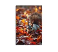 Animal Poster Red Squirrel in Autumn Maple Leaves with Golden Light Ambience Decorative Canvas Family Bedroom Artwork Picture Painting 12x18inch(30x45cm)