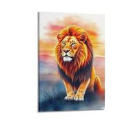 Animal Poster Watercolor Lion at Sunset Mountains Poster Wall Art Canvas Aesthetic Cover Painting for Living Room Bed Room 24x36inch(60x90cm) Frame-style
