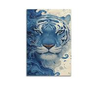 Animal Poster Watercolor Tiger Blue Ink Swirls Poster Wall Art Canvas Aesthetic Cover Painting for Living Room Bed Room 08x12inch(20x30cm) Unframe-style