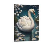 Animal Poster White Swan Serene Pond Floral Reflections Botanical Watercolor Decorative Canvas Family Bedroom Artwork Picture Painting 24x36inch(60x90cm)
