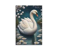 Animal Poster White Swan Serene Pond Floral Reflections Botanical Watercolor Decorative Canvas Family Bedroom Artwork Picture Painting 20x30inch(50x75cm)