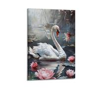 Animal PosterMute Swan with Pink Water Lilies Serene Lake Morning Mist Botanical Watercolor Decorative Canvas Family Bedroom Artwork Picture Painting 24x36inch(60x90cm)