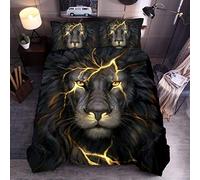 Animal Print Bedding Set Double Size Lion Lightning black gold Duvet Cover Set with 2 Pillowcases 3D Printed Wildlife Bedding Set with Zipper Closure Microfiber 200 x 200 cm