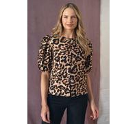 Animal Print Bow Front Puff Sleeve Shirt Izabel London Beige 14