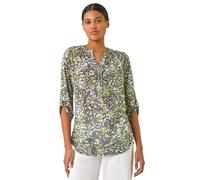 Roman Originals Shirt for Women UK Ladies Top Collarless Blouse Stretchy Tunic Smart Casual Autumn Winter Jersey 3/4 Length Sleeve Notch V Neck Flattering Office Work - Lime - Size 14