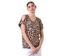 Roman Originals Animal Print Cold Shoulder Stretch Top for Women UK - Ladies Everyday Holiday Spring Summer Round Neckline Comfy Soft Evening Vacation Work Party - Natural - Size 20