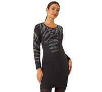 Roman Animal Print Embellished Hotfix Shift Dress for Women UK - Ladies Autumn Everyday Winter Holiday Round Neckline Comfy Long Sleeve Soft Knee Length Dinner Date Gowns - Black - Size 14