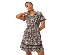 Roman Animal Print Embroidered Stretch Short Dress for Women UK - Ladies Spring Everyday Summer Holiday V-Neckline Comfy Short Sleeve Soft Fit & Flare Frock Day Out Gowns - Natural - Size 14