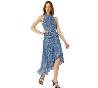 Roman Originals Women Halter Neck Frill Midi Dress - Ladies Special Occasion Evening Party Wedding Guest Print Ruffle Detail Sleeveless Round Neck Dresses - Blue - Size 20