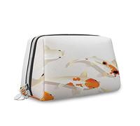 Animal Print, Makeup Bag Cosmetic Bag,Traditional Fish Love Theme,Leather Organizer Make Up Bag Reusable Toiletry Bag,Orange Beige,S