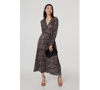 Izabel London Animal Print Pleated Wrap Midi Dress for Women UK with a v-Neck, tie Waist and Long Sleeves. Black