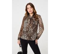 Izabel London Animal Print Tie Neck Long Sleeve Blouse for Women UK with a v-Neck and a Curved Hem. Beige