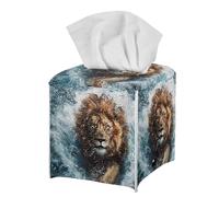 Animal Print Tissue Box Holder for Home Office Desk Tabletop Fierce Lion Tissue Box Cover Square Facial Paper Holder Nightstand Easy To Clean PU Leather Cube Tissue Box Case Black