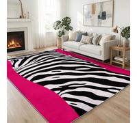 Animal Print Washable Carpet 160x230 cm for Living Room, Trendy Art Black White Zebra Colour Blocks Bedroom Rectangle Non-Slip Rug - Hot Pink Short Pile Non-Shedding Carpet for Kitchen Office Playroom