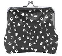 Animal Prints Leather Coin Purse Women Cute White Dog Paw Prints Solid Black Kiss Lock Small Change Purse Coin Wallet 4.53" x 4.13"