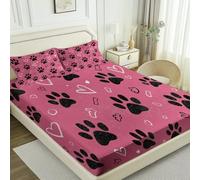 Animal Prints Paw Prints Hearts Rose Red Fitted Sheet King (71" x 79") - Microfibre Bed Sheet, Soft Breathable Deep Pocket Mattress Cover with Elasticated Fit, Easy Care Bedding for Bedroom Home