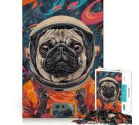 Animal Pug Astronaut Space Jigsaw 1000 Pieces Focus Building Toy Zero Gap Rewarding Activity for Rainy Days (38x26cm)