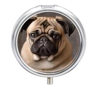 Animal Pug Dog Pill Box Case 3 Compartment Travel Medicine Pill Organizer 3x A Day Portable Vitamin Organizer with Mirror Small Pillbox for Purse & Pocket Cute Daily Medicine Container Metal Vitamin C