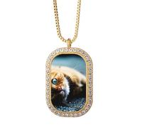 Animal Pure Blue Eye Cat Photograph Necklace Pendant Diamond Crystal Golden Jewelry
