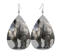 animal rhino Printed Water Drop Earrings, Lightweight Leather Teardrop Dangle for Date and Party