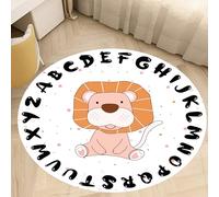 Animal Round Rug, 200cm Black ABC Letter Learning Carpet, Soft Non-Slip Foldable Cute Lion Pattern Game Mat, for Living Room Bedroom Bedside Sofa Dormitory Apartment Rug
