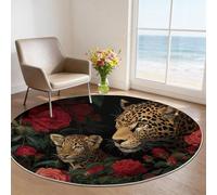 Animal Round Rug 60 cm, Washable Indoor Non-Slip Circle Carpet with Red Roses Leopard Leaves Pattern, Green Black Soft Foldable Non Shedding for Entryway Bedside Laundry Room Decor