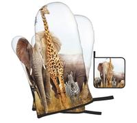 Animal Safari Printed Oven Mitts and Pot Holders Heat Resistant Set of 3 Pcs, Modern Kitchen Gloves & Potholders for Cooking Baking Grilling
