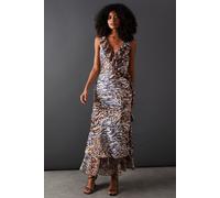 Animal Satin Wrap Chiffon Frill Detail Midi Dress Warehouse Animal 10