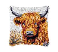 Animal Scottish Highland Cow DIY Latch Hook Kits Pillow with Printed Canvas Handmade Cushion Crochet Yarn Embroidery Hook and Latch Kit Pillowcase Christmas Decoration 43x43cm(5)