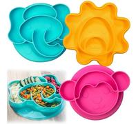 Animal Silicone Compartment Plates- 3 PK Lion, Monkey, Elephant- Large Divided Sections for Easy Grabbing Baby Food Training, Non-Slip Unbreakable Material, Flexible Shapes for Toddlers, Kids-BPA Free
