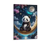 Animal Sitting Panda on Golden Crescent Moon Poster Modern Wall Art Canvas Aesthetic Decoration Painting 20x30inch(50x75cm) Frame-style
