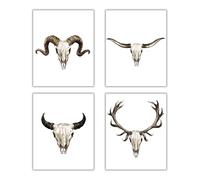 Animal Skull Wall Art Set of 4 Prints 8x10 Rustic Western Decor Farmhouse Bull Longhorn Deer Antler Boho Bohemian Home Decor Unframed Ranch Country Cabin