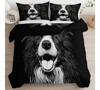 Animal Smiling Shepherd Dog Duvet Cover Set Double Black and White 3 Pieces, Reversible Bedding with Matching Pillowcase - Ultra Soft Easy Care Microfibre Comfy Quilt Cover for Kids Teens