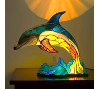 Animal Table Lamp Series Stained Resin Ornaments Night Light with USB Bohemian Furniture Decor Christmas Sculpture Desk Lamp Gift, Dolphin