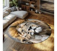 Animal Theme Washable Round Rug 100cm Lion Cub and Lion Pattern Non Slip Low Pile Circle Carpet for Kitchen Bedroom Living Room Dining Room