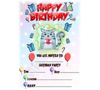 Animal Themed Children's Birthday Party Invites - Portrait Cute Cat Design - Party Supplies/Accessories (Pack of 12 A5 Invitations) (Without Envelopes)