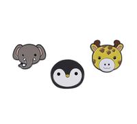 Animal Themed Gift Set Collection Of 3 Pin Badges Including A Cute Penguin Face, Happy Elephants Face And Happy Giraffe Face