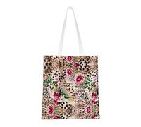 Animal Tiger Leopard Print Rose Flower Fashion Canvas Tote Bag With All Over Print Design, Large Reusable Shopper Tote With Double Handles,Beach Tote, Weekend Bag