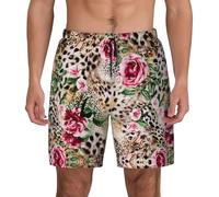 Animal Tiger Leopard Print Rose Flower Mens Double Polyester Swimsuit Trunks Swim Shorts with Compression Liner and Patch Pocket. Black
