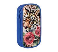 animal Tiger Leopard Print Rose Flower Print Large Pencil Case, Zip Smooth Pencil Pouch for Girls Boys with 2 Compartment Multifunctional Pencils Bag for School Office Travel Makeup Bags, Blue