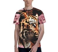 Animal Tiger Leopard Print Rose Flower Print Men Short Sleeve Crew Neck T-Shirt Breathable Stylish Casual Athletic Summer Wear Black