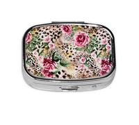 Animal Tiger Leopard Print Rose Flower Printed,Meta Pill Box 2 Compartment Medicine Case,Portable Organizer,Rectangle Meta Portable Organizer Pill Box 763 Compartment Medicine Case