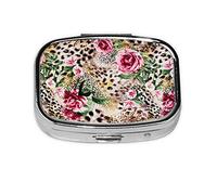 (Animal Tiger Leopard Print Rose Flower) Square Pill Box with 2 Compartment Small Pill Organizer Portable Pill Case Vitamin Containers, Travel Essentials 5.5x4x1.8 cm
